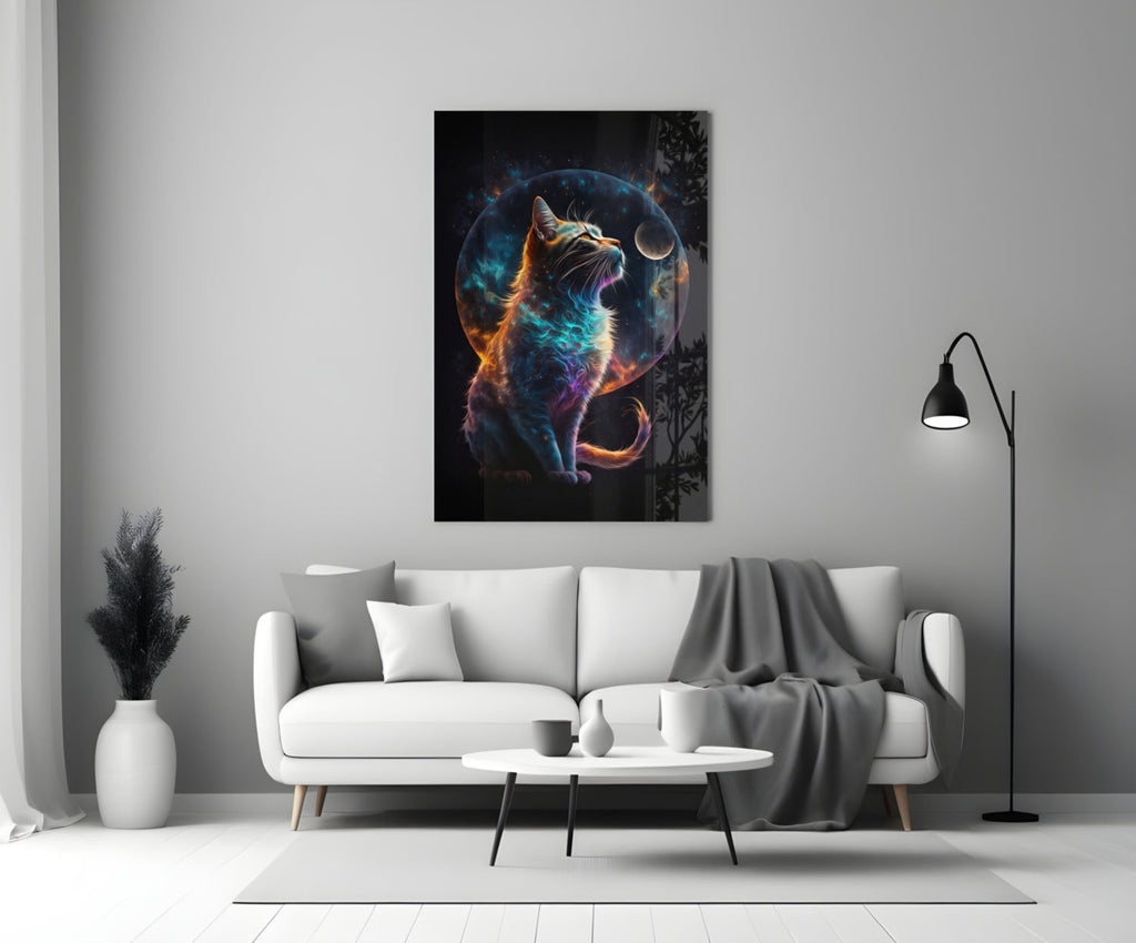 Nebula Fur Cat With Crescent Moon Glass Wall Art