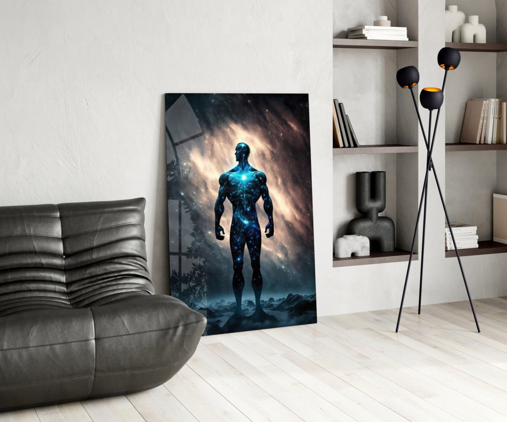 Nebula Cosmic Man On Rocky Ground Glass Wall Art