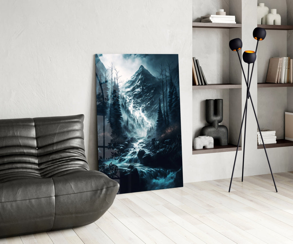 Misty Blue Peak Waterfall Forest Glass Wall Art
