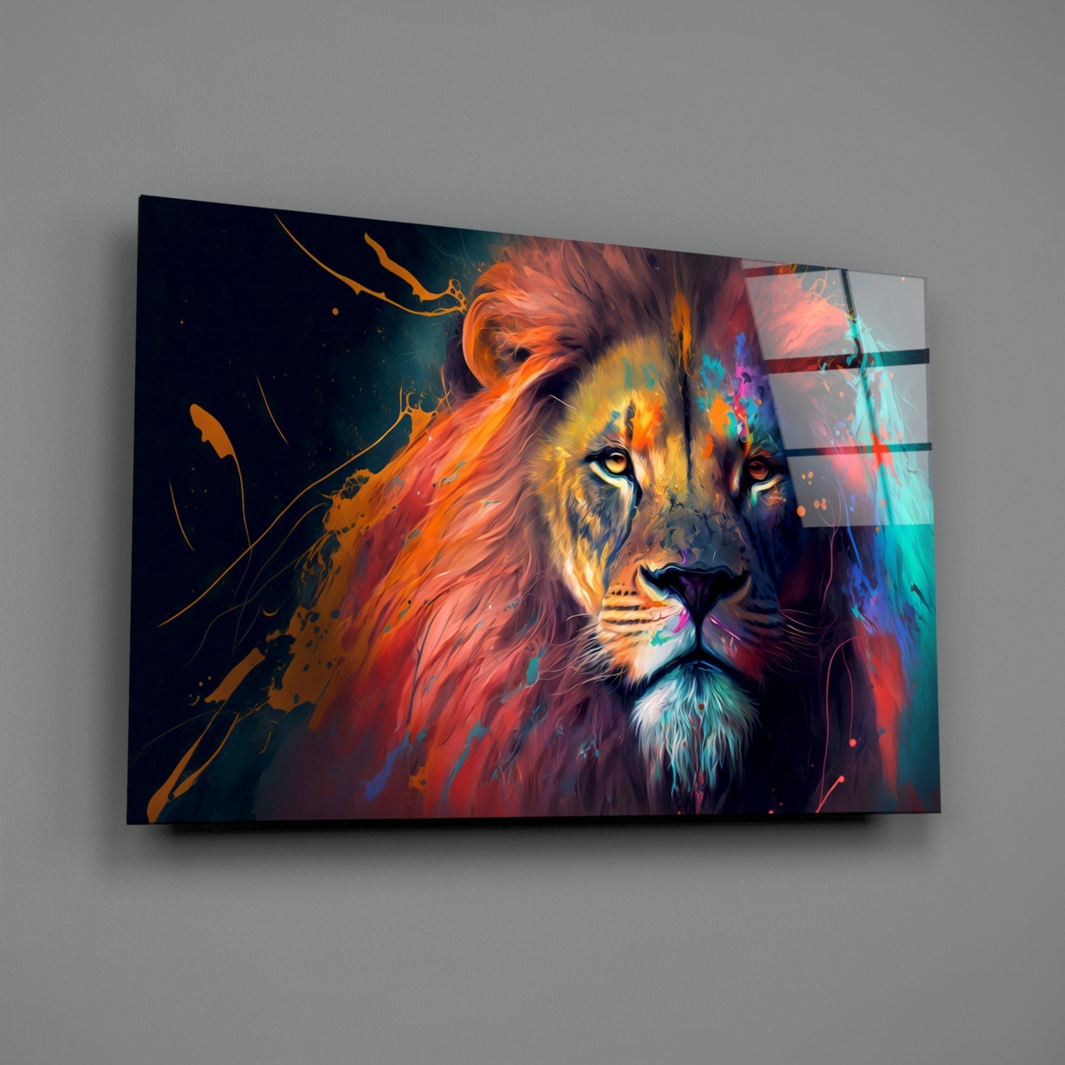Coral Pink Mane Watchful Lion Glass Wall Art