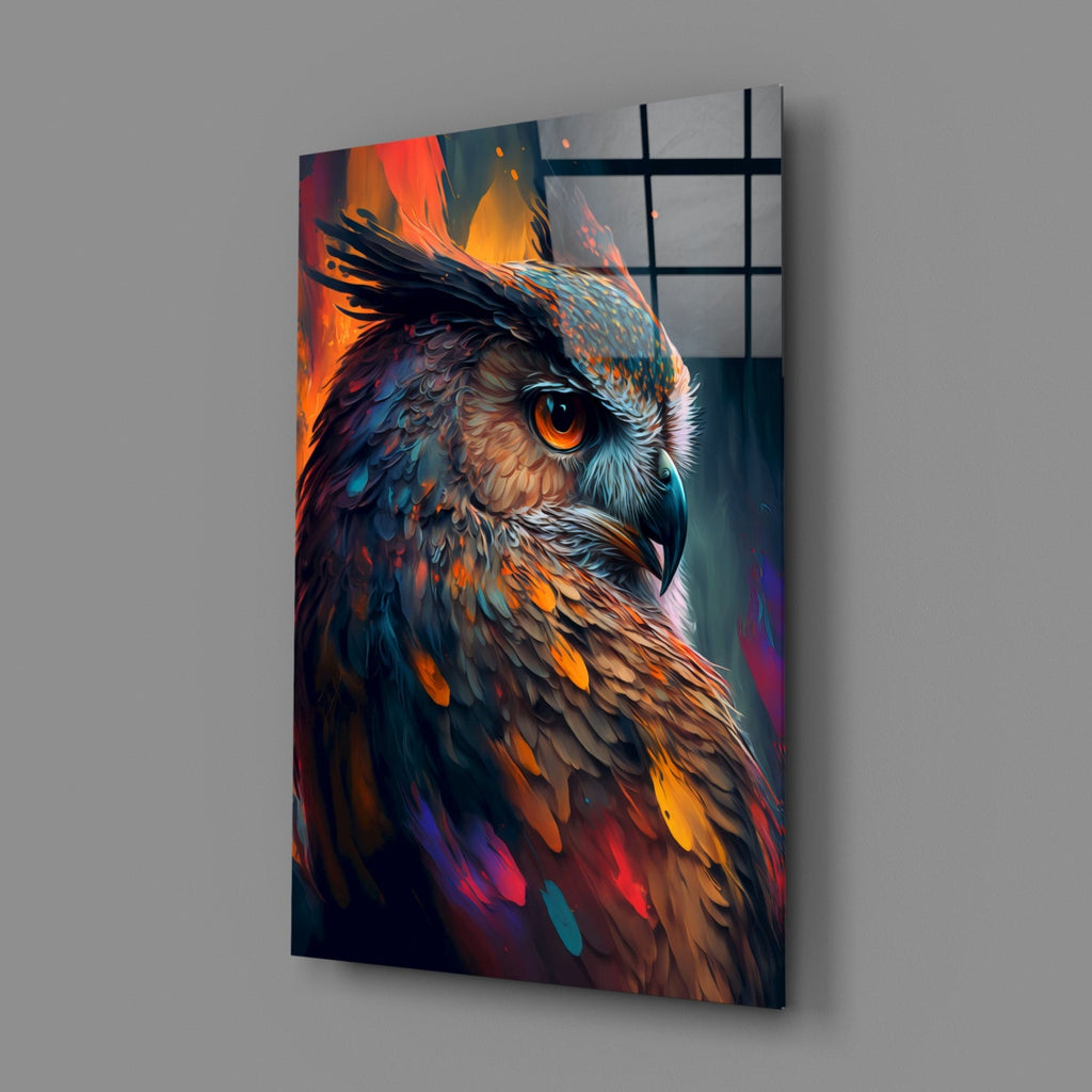 Teal and Orange Owl Side Profile Glass Wall Art