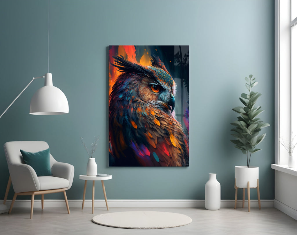 Teal and Orange Owl Side Profile Glass Wall Art