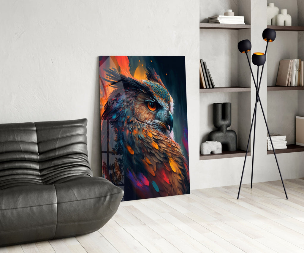 Teal and Orange Owl Side Profile Glass Wall Art