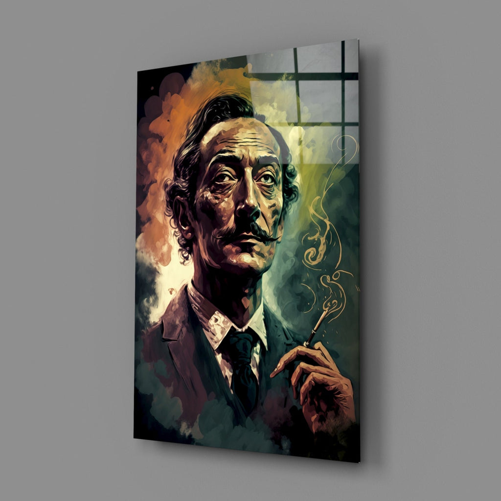 Mustached Man With Golden Smoke Swirl Glass Wall Art