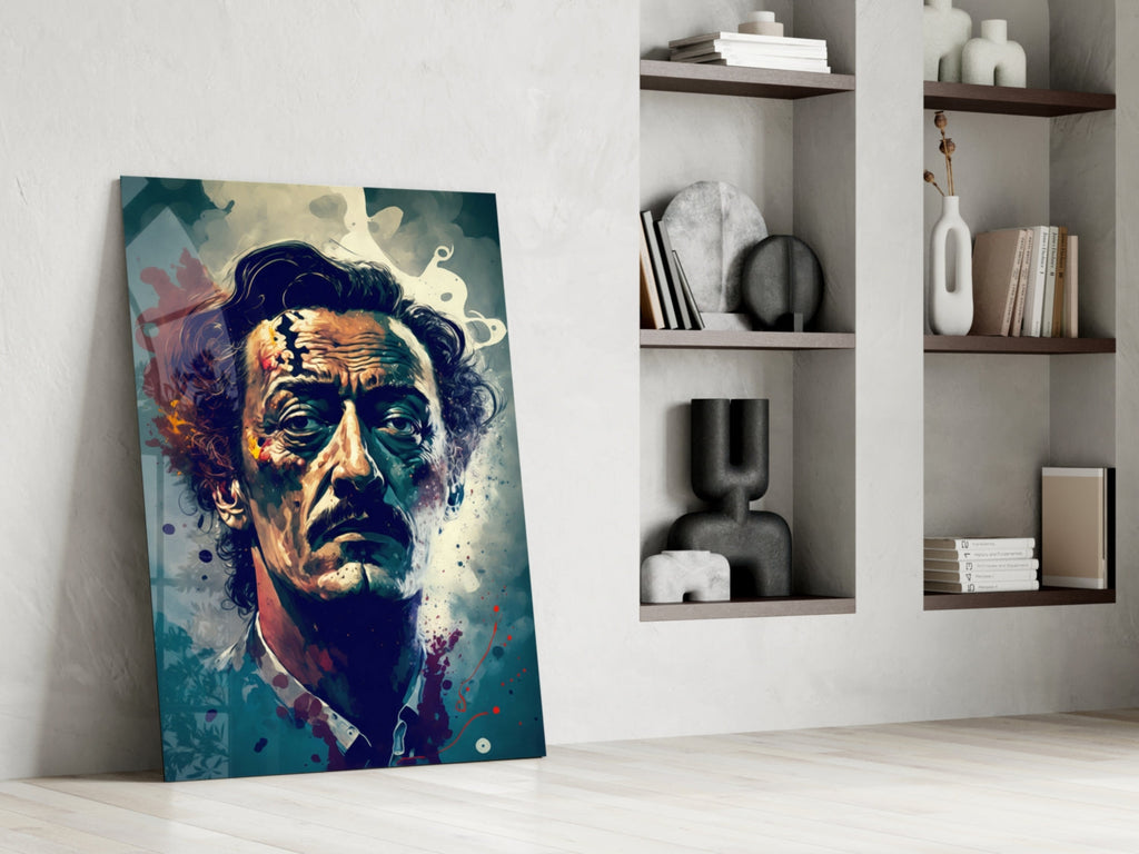Wild Haired Surreal Man Teal Splatter Glass Wall Art
