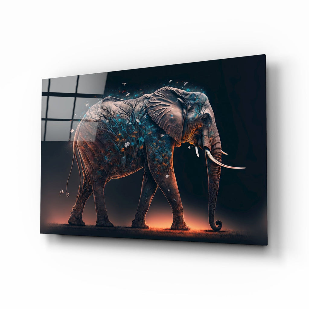 Blue Blossom Branch Walking Elephant Glass Wall Art