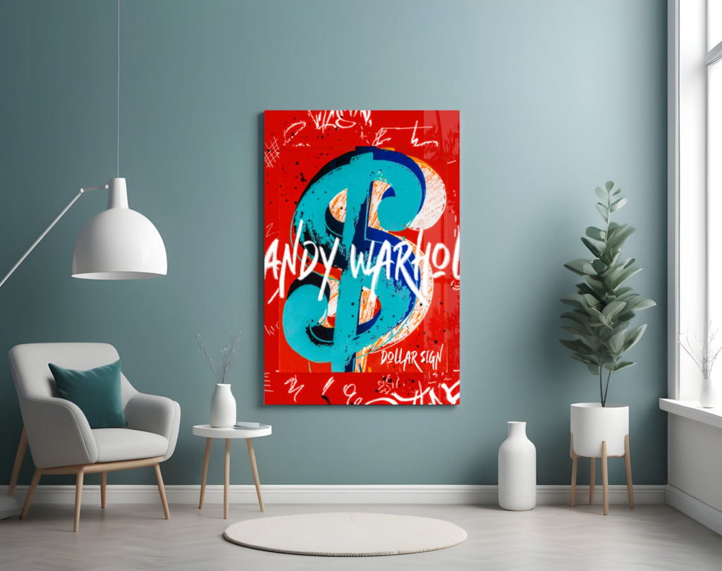 Turquoise Dollar Sign on Red Glass Wall Art