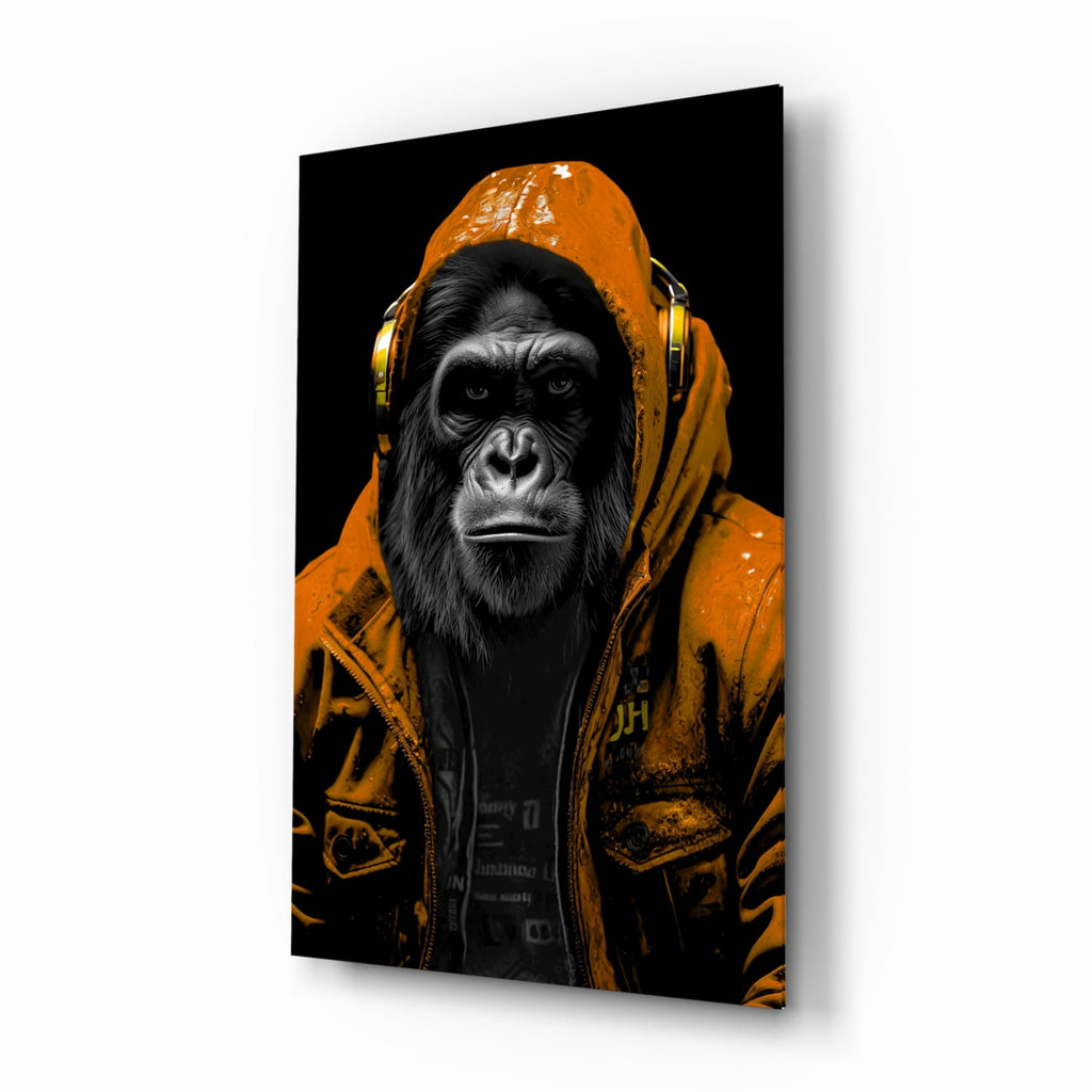 Orange Hooded Gorilla Headphones Glass Wall Art