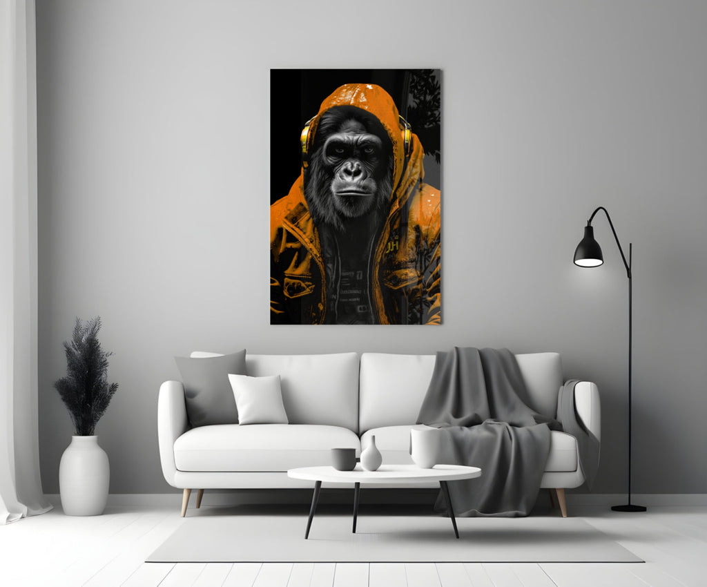 Orange Hooded Gorilla Headphones Glass Wall Art