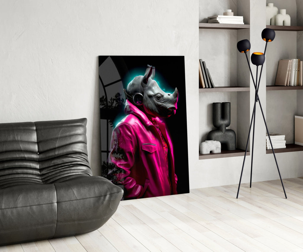 Pink Coat Rhino Neon Glow Glass Wall Art