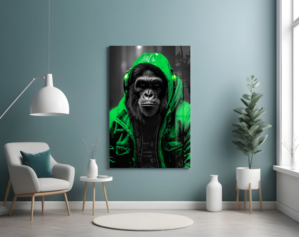 Yellow Raincoat Headphone Gorilla Glass Wall Art