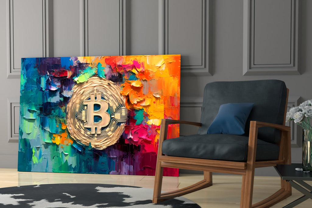 Palette Knife Rainbow Bitcoin Glass Wall Art