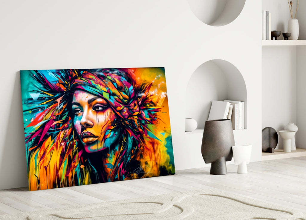 Neon Headwrap Feathered Woman Glass Wall Art