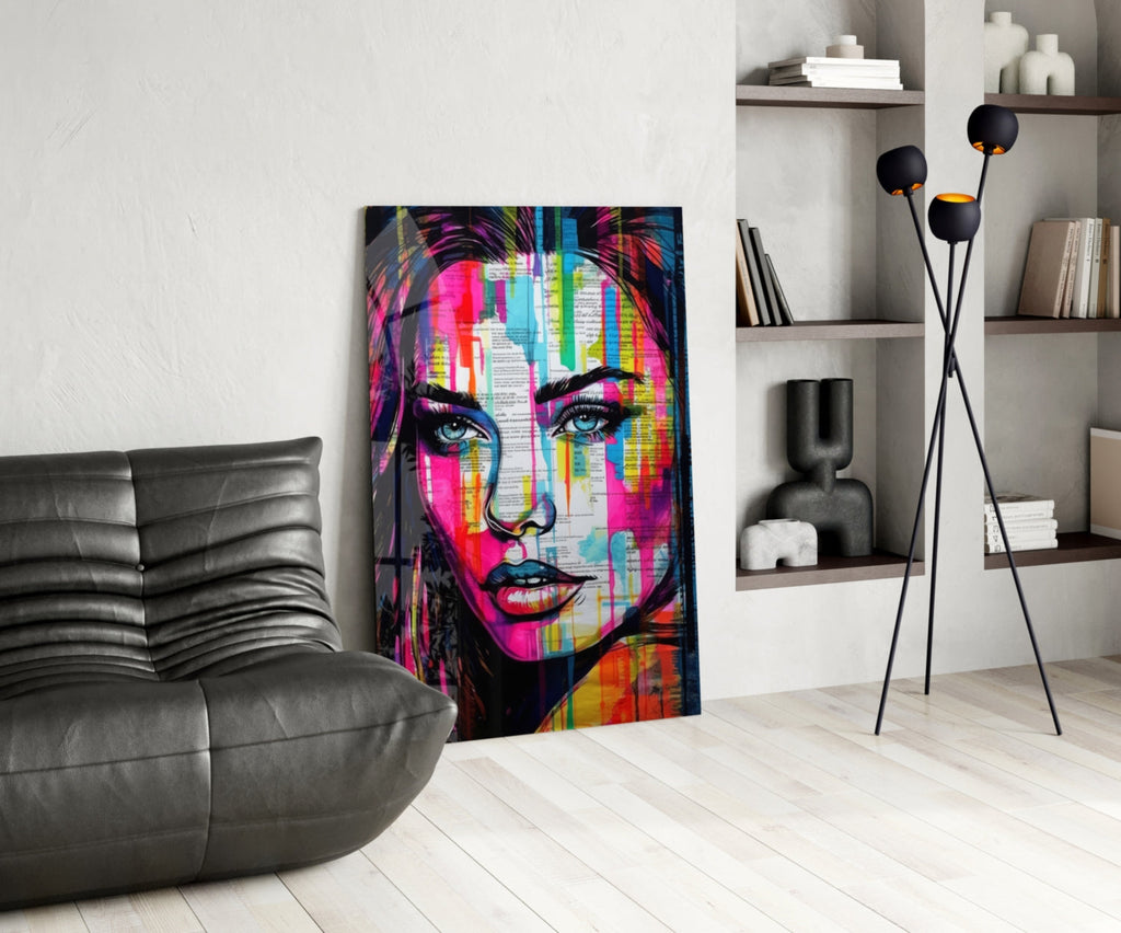 Newsprint Drip Rainbow Woman Glass Wall Art