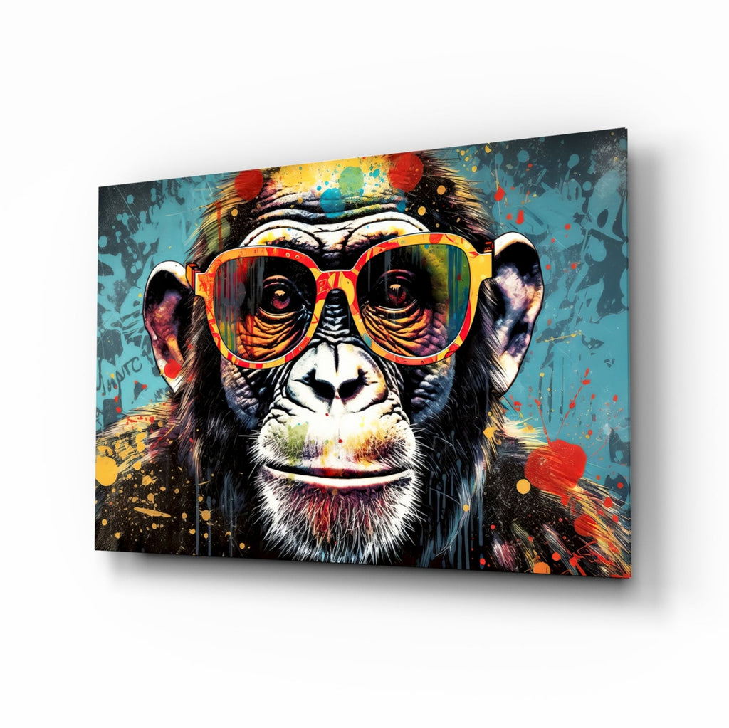 Turquoise Paint Drip Smiling Chimp Glass Wall Art