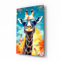 Aviator Giraffe Sky and Flowers Glass Wall Art