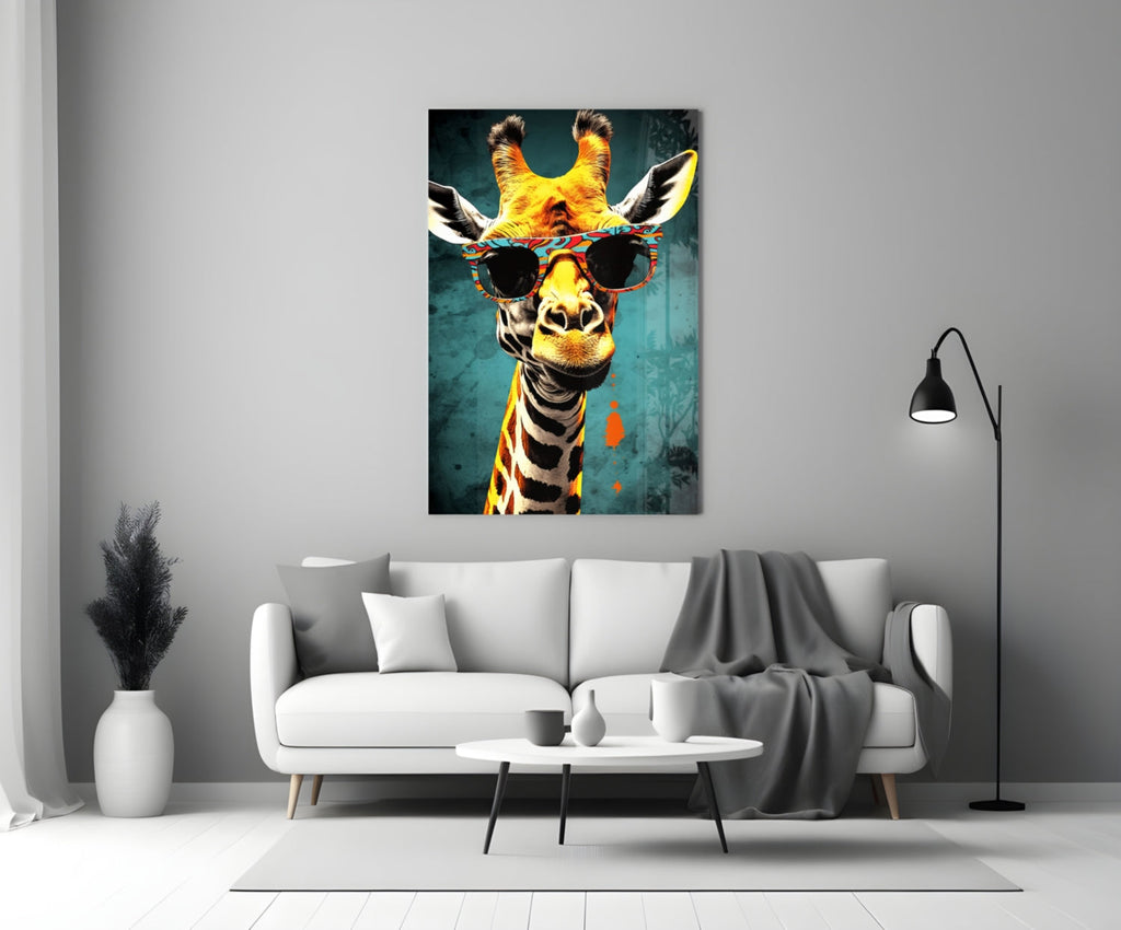 Paisley Shades Giraffe Dark Teal Glass Wall Art