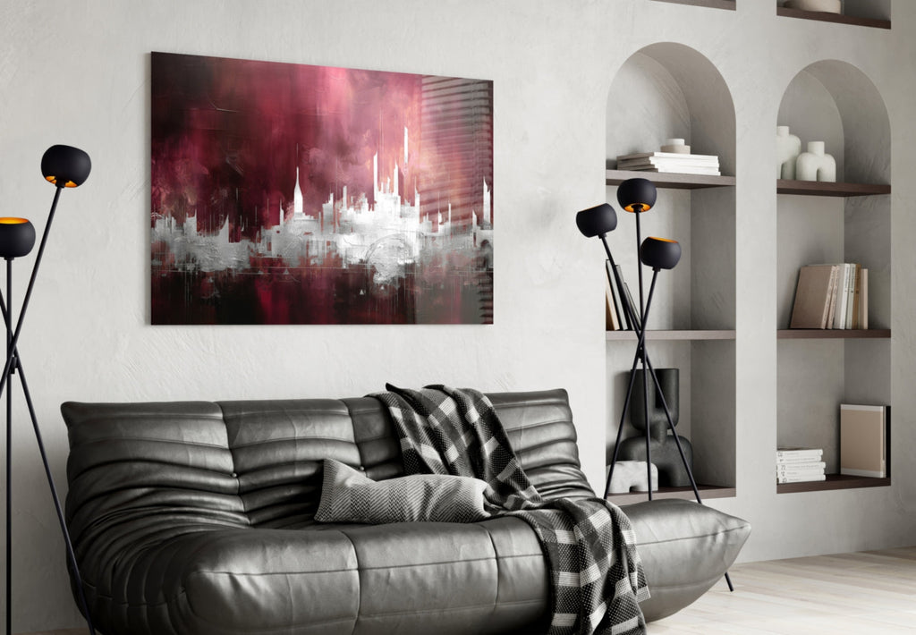 Crimson Mist Abstract Skyline Glass Wall Art