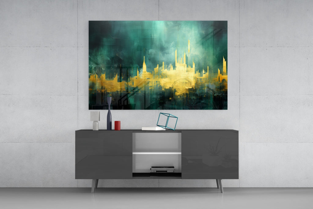 Golden Skyline Teal Mist Glass Wall Art