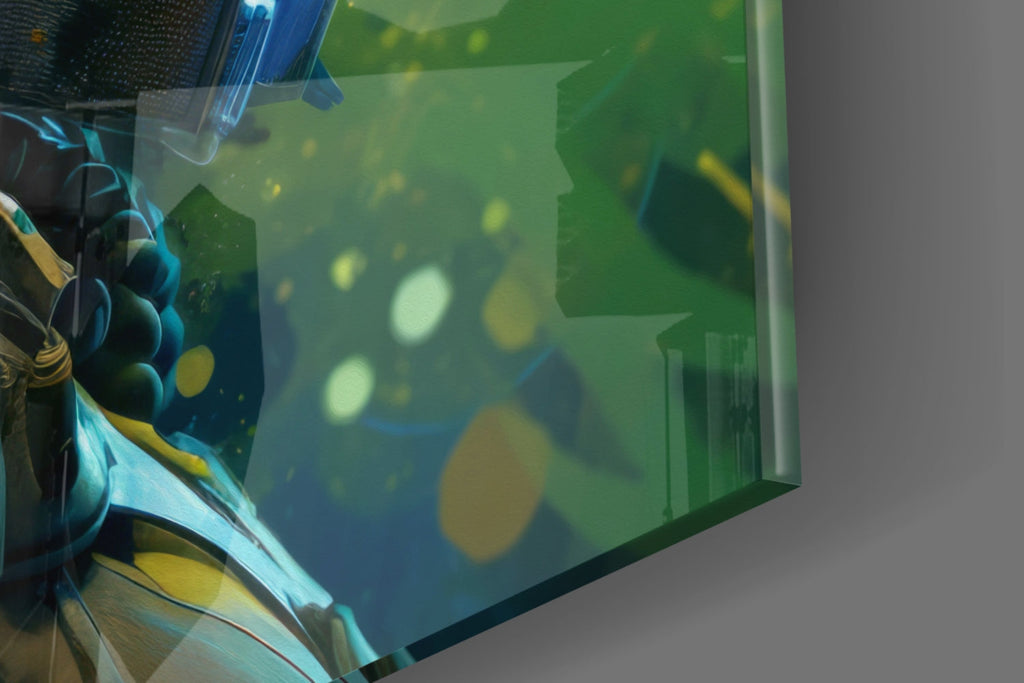 Blue Haired Cyber Warrior Green Glow Glass Wall Art