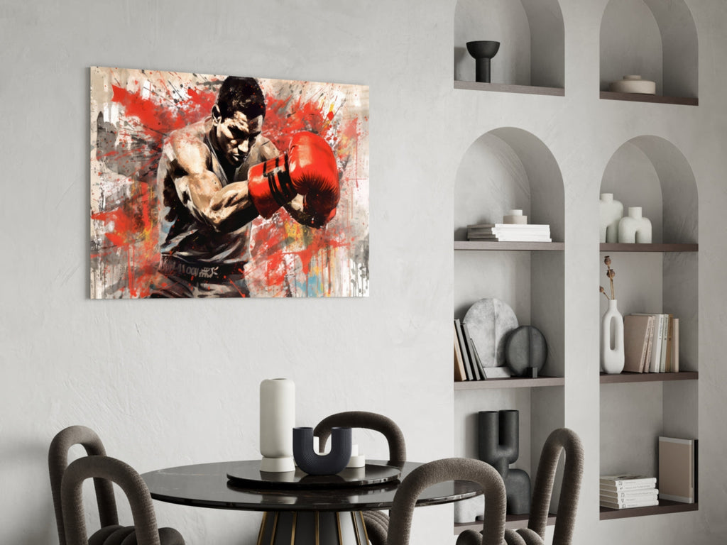 Red Splatter Gloves Boxer Glass Wall Art