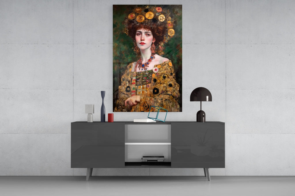 Klimt Style Floral Crown Portrait Glass Wall Art