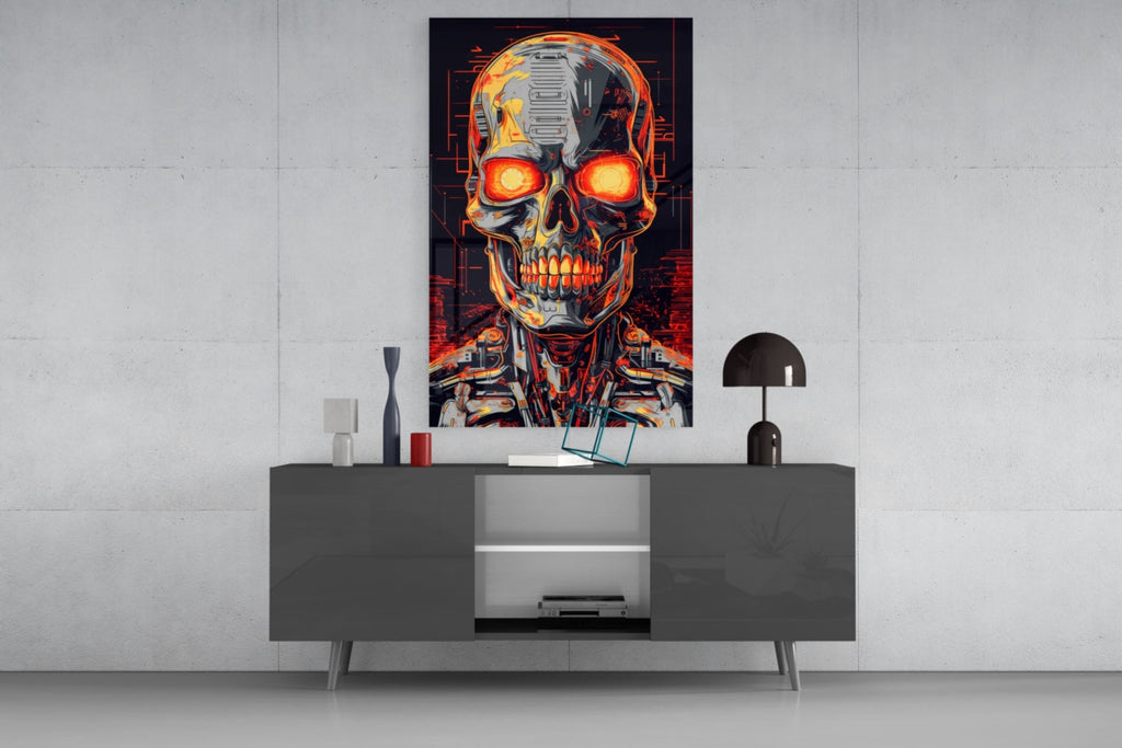 Glowing Eyes Metal Skull Glass Wall Art
