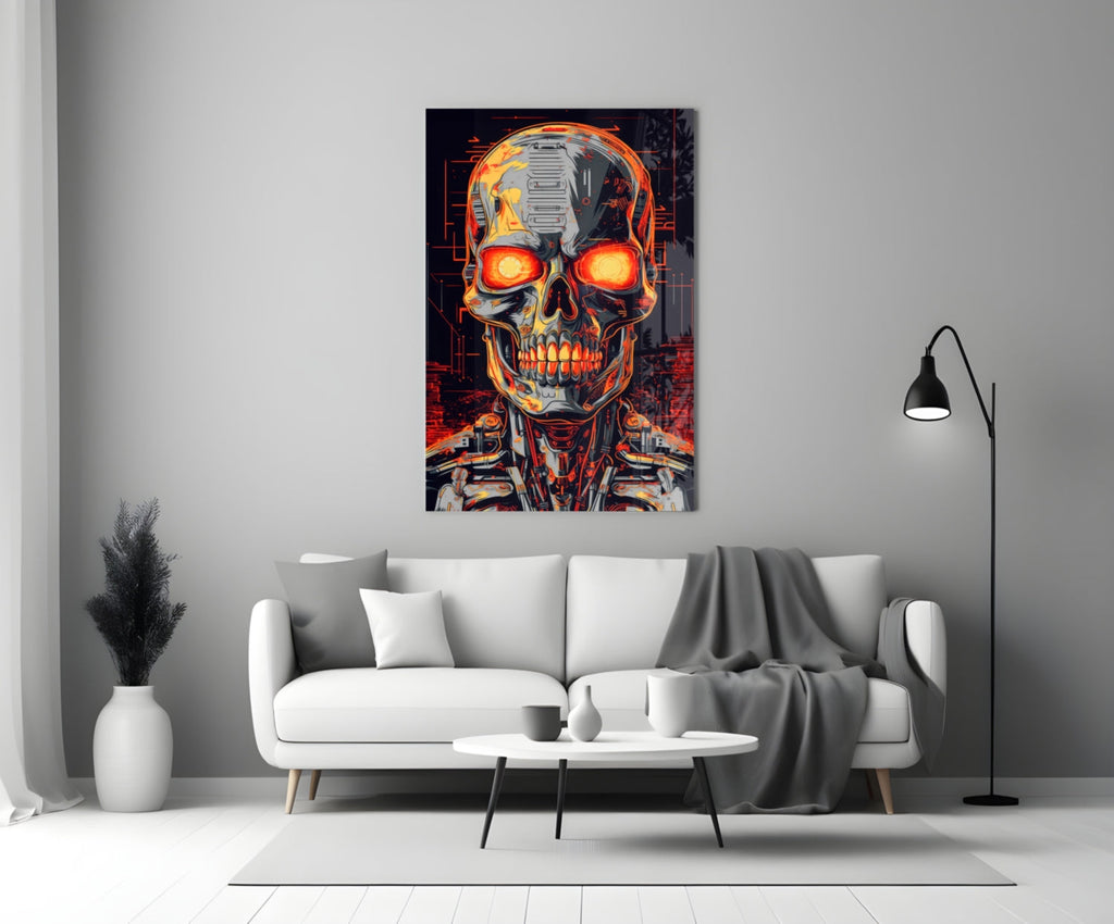 Glowing Eyes Metal Skull Glass Wall Art