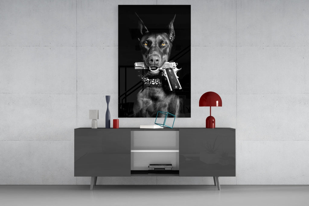 Doberman Holding Silver Pistol Glass Wall Art