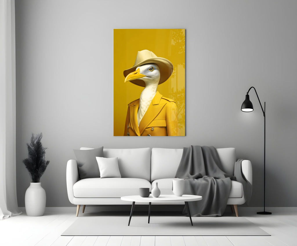 Seagull in Mustard Yellow Overcoat Glass Wall Art