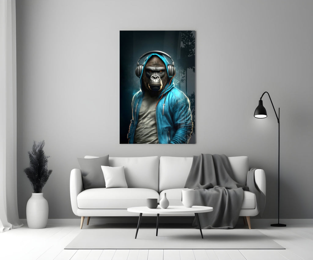 Gorilla in Blue Hoodie With Headphones Glass Wall Art