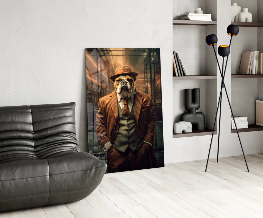Bulldog In Rust Pinstripe Suit Glass Wall Art