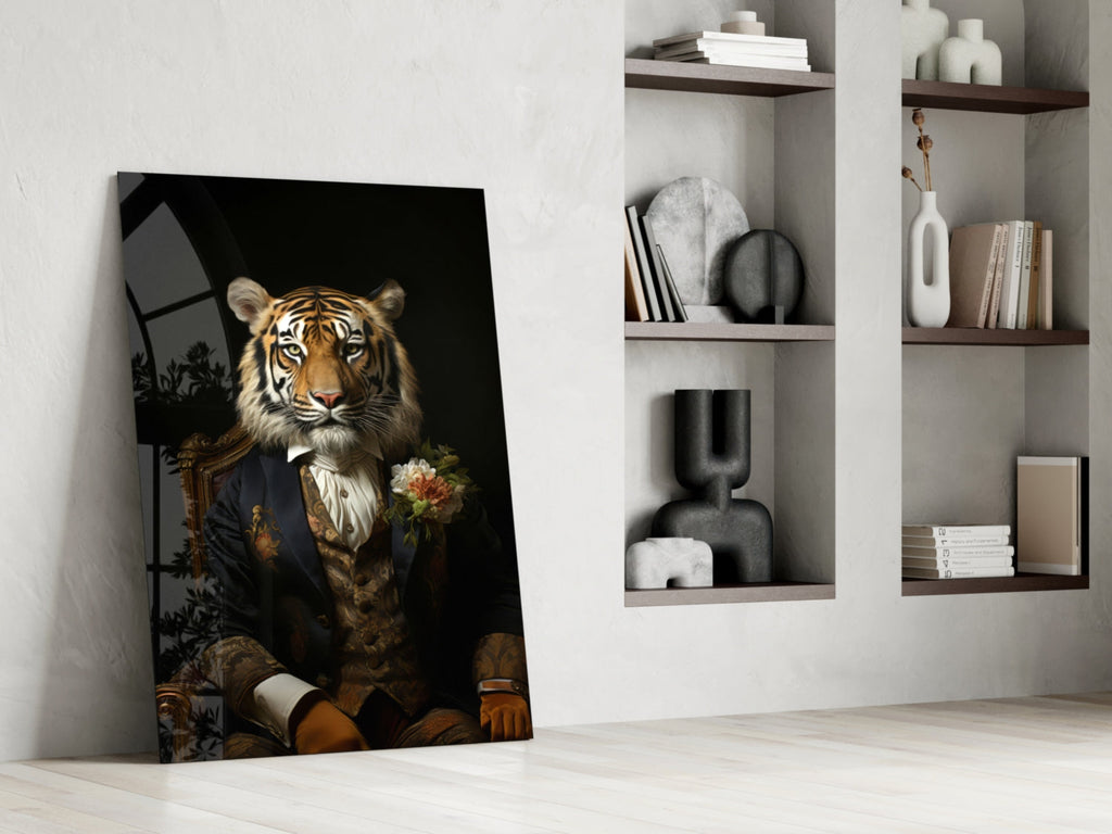 Tiger Dandy with Rose Blazer Glass Wall Art