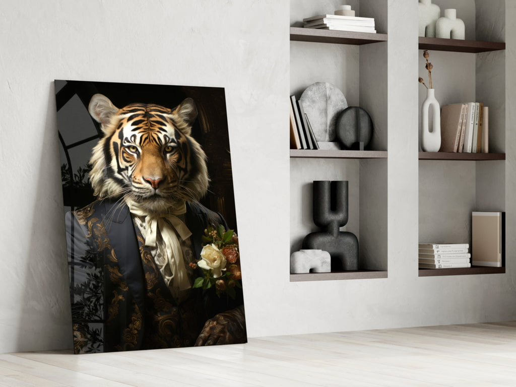 Brocade Suit Tiger with Cravat Glass Wall Art