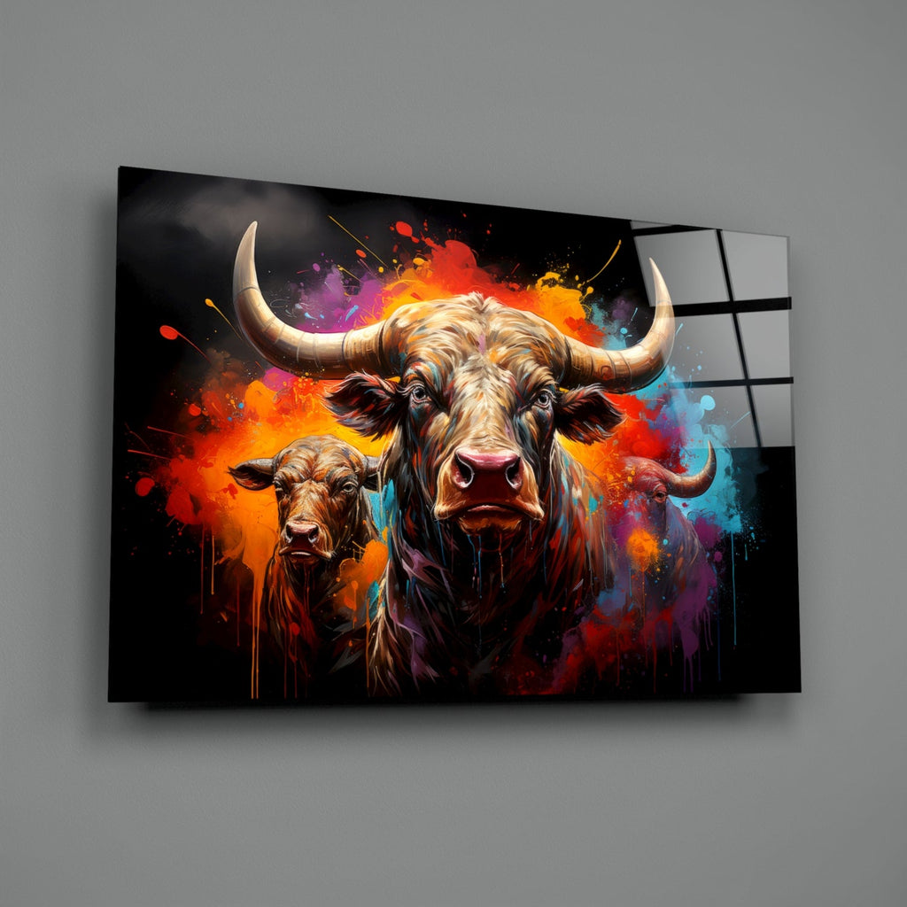 Colorful Horned Bull Splash Glass Wall Art