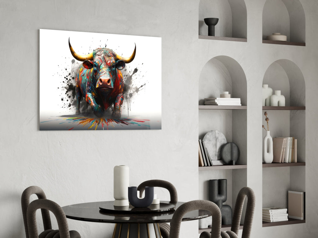 Rainbow Bull White Splash Glass Wall Art