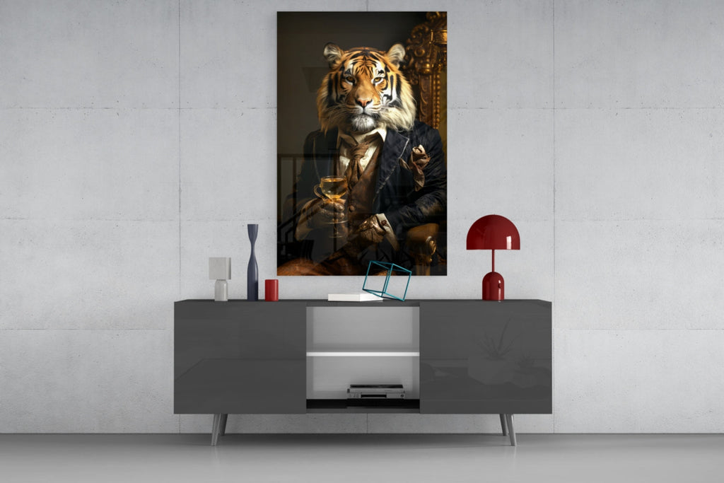 Tiger in Navy Suit Fireside Glass Wall Art