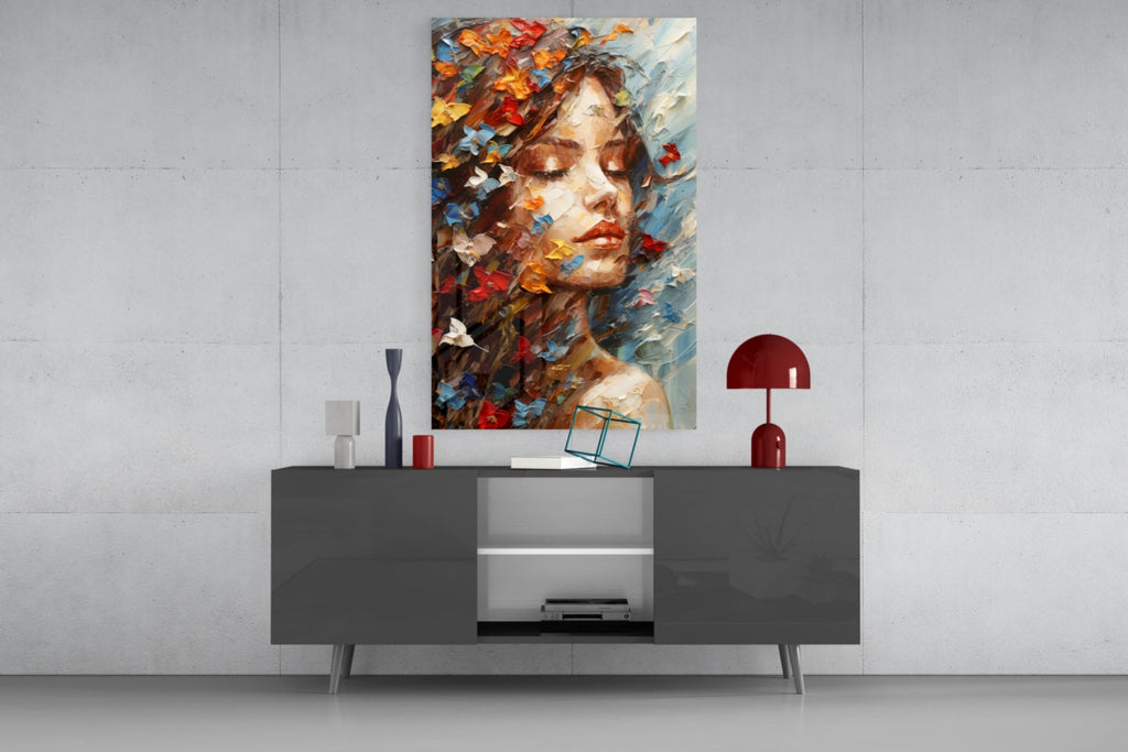 Butterflies in Hair Dreaming Woman Glass Wall Art