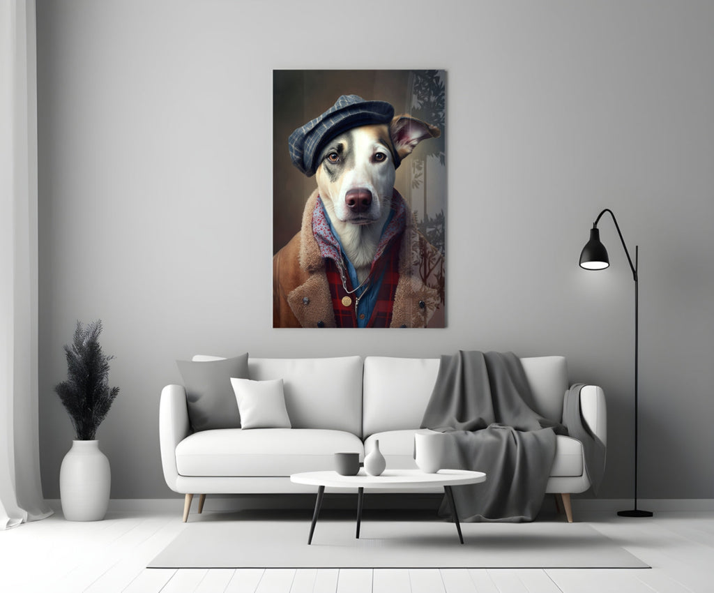 Dog in Flat Cap and Shearling Coat Glass Wall Art