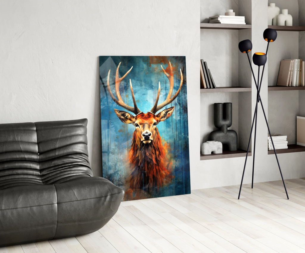 Red Stag Antlers Teal Watercolor Glass Wall Art