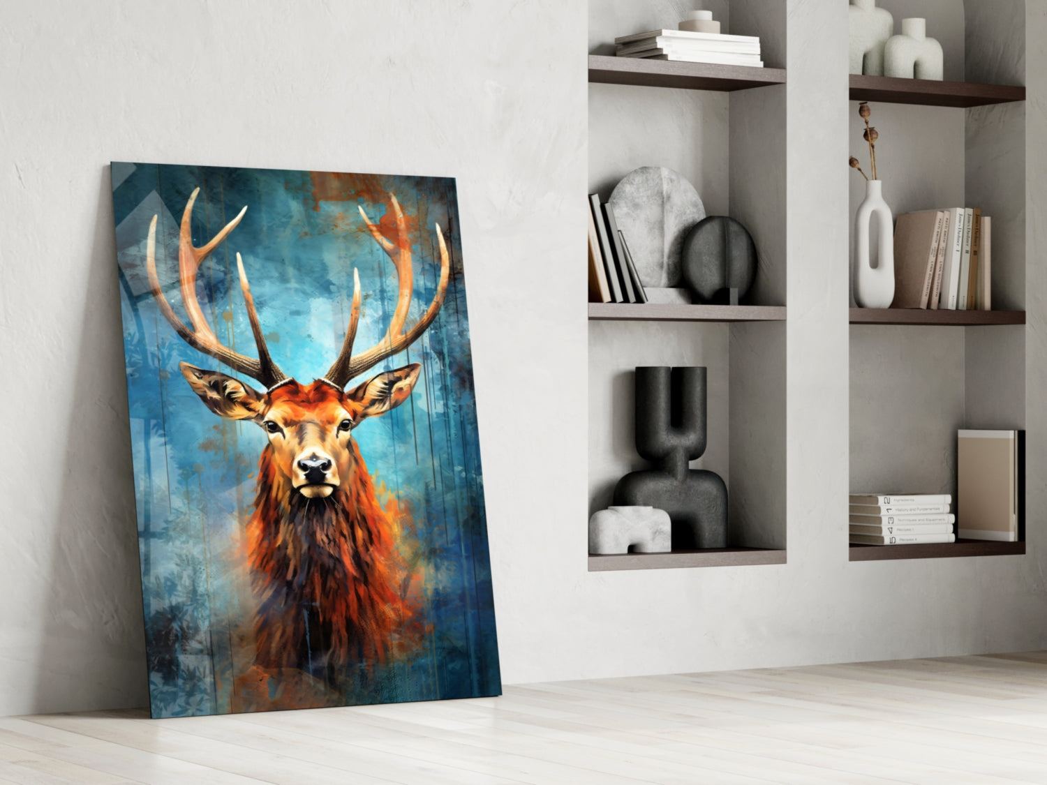 Red Stag Antlers Teal Watercolor Glass Wall Art