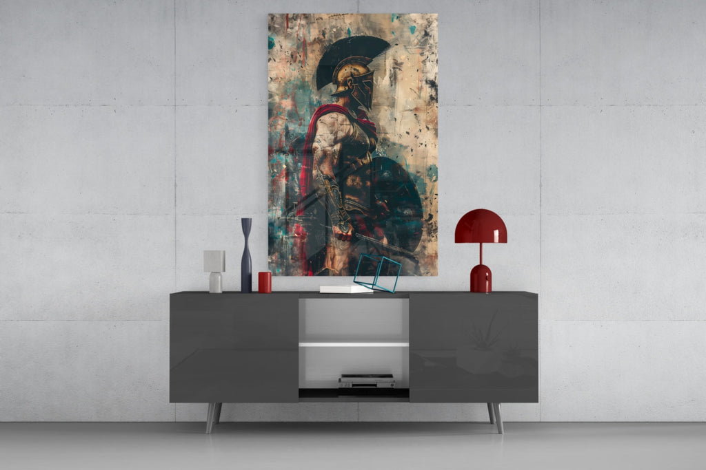 Red Caped Spartan Profile Glass Wall Art