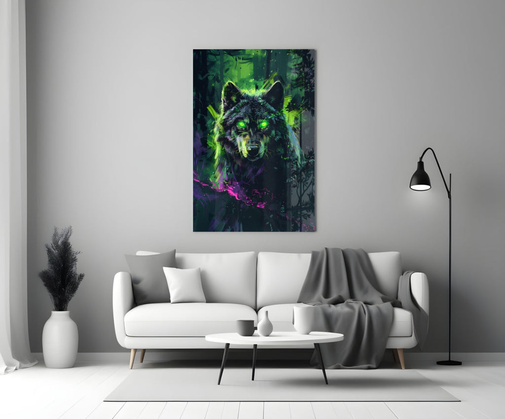 Cyber Neon Rain Green Wolf Glass Wall Art