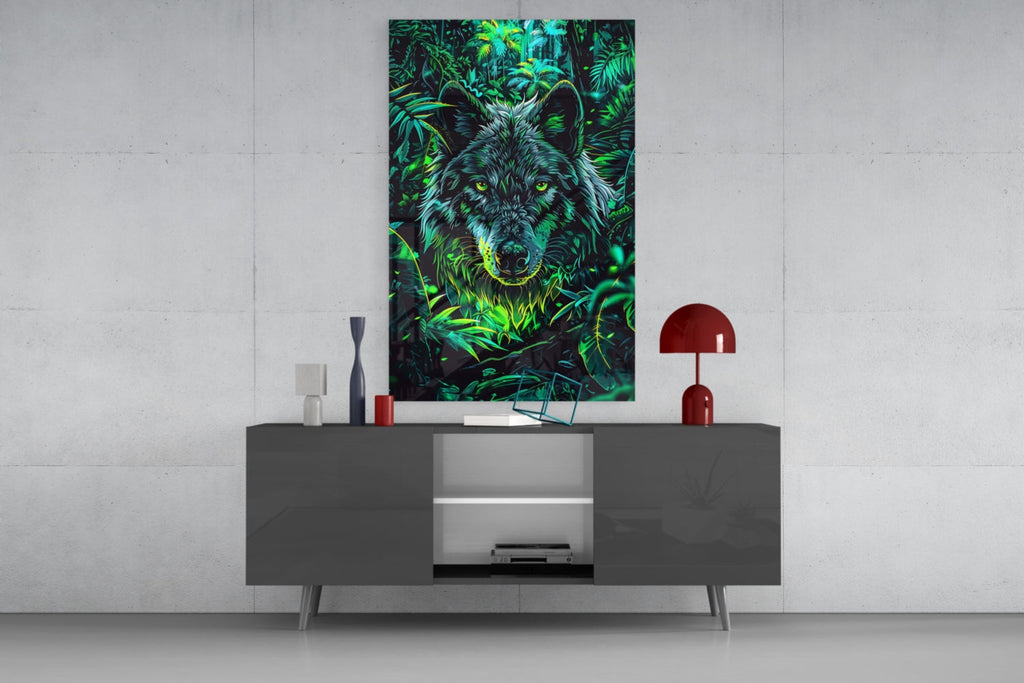 Tropical Foliage Portrait Wolf Glass Wall Art