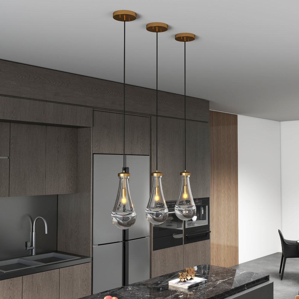 Raindrop Pendant Light – Hand-Blown Clear Glass Shade & Brass/Black Rod | Kitchen Island, Dining Room & Entryway