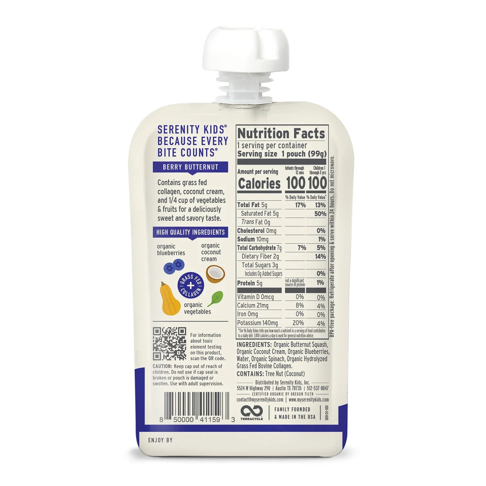 Serenity Kids Smoothie, Organic Berry Butternut Squash, 6-Pack of 3.5 Oz Pouches
