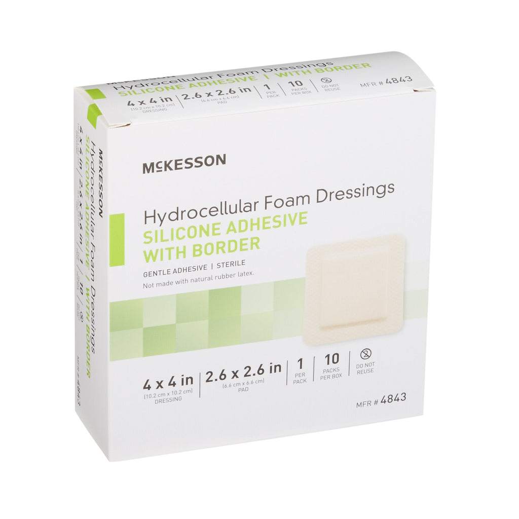 McKesson Silicone Adhesive with Border Silicone Foam Dressing, 4 x 4 Inch 4843