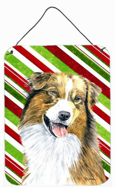 Australian Shepherd Candy Cane Holiday Christmas Wall or Door Hanging Prints Aluminum Metal Sign Kitchen Wall Bar Bathroom Plaque Home Decor Front Door Plaque, 12x16, Multicolor