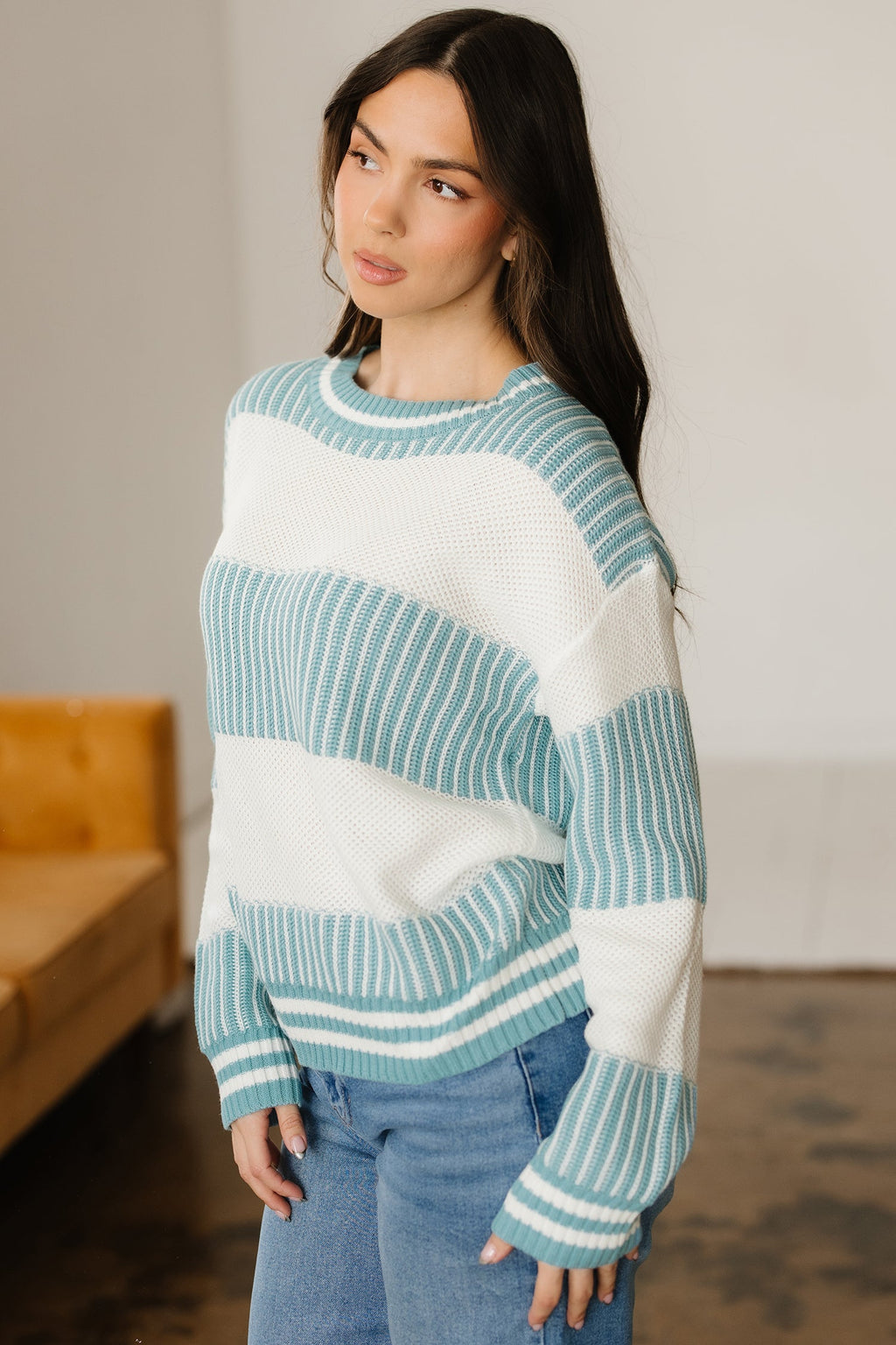 Khaki Two Tone Striped Patchwork Drop Shoulder Loose Sweater