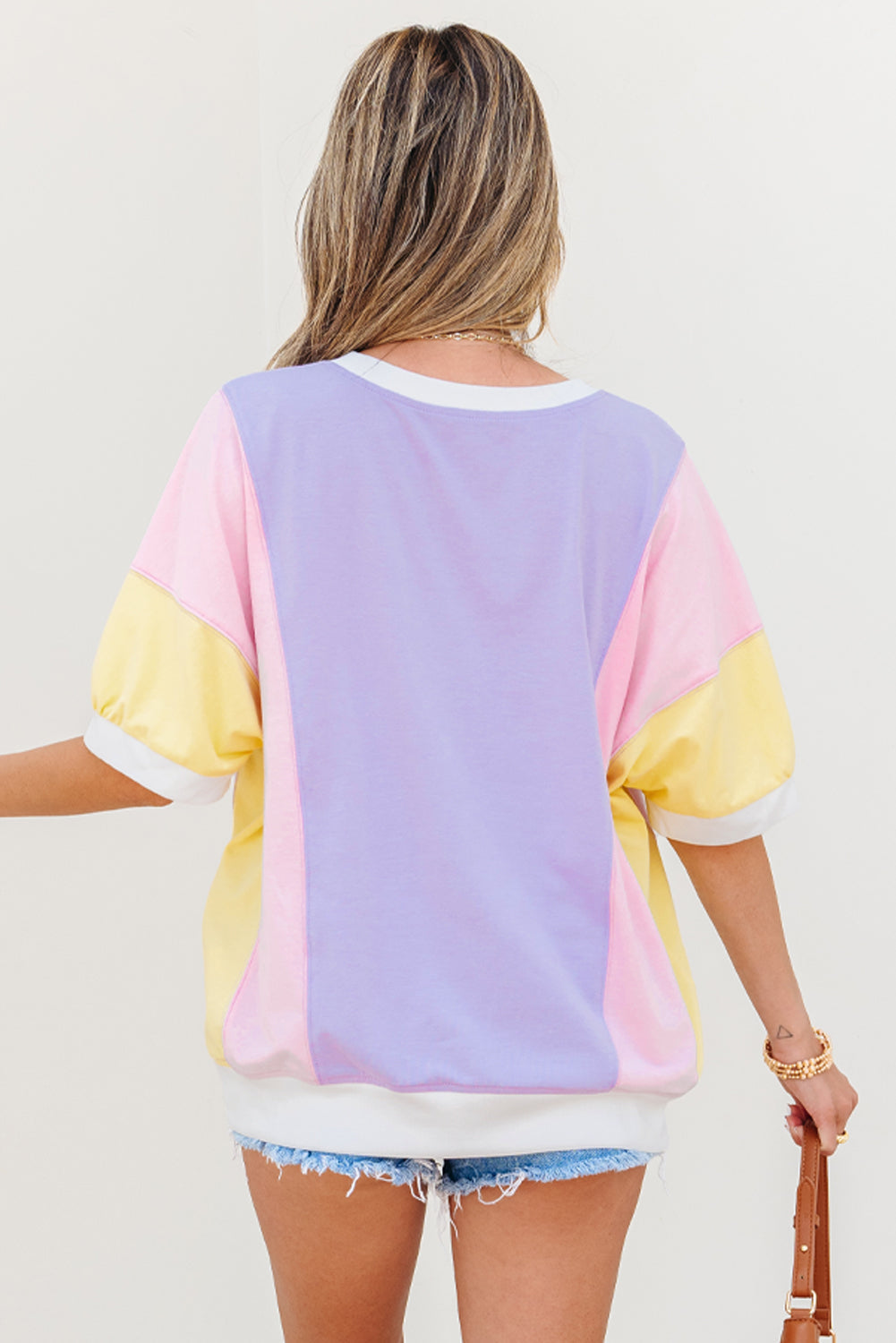 Unique Oils Purple Color Block Patchwork Oversized Half Sleeve T-Shirt